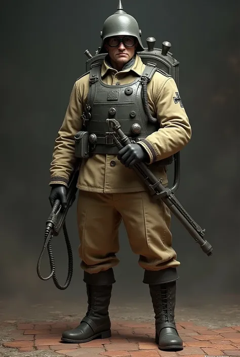 German soldier wearing breastplate and pointed helmet. Beige uniform . military boots. 20th century.  Brick floor . Flamethrower.  Protective glasses. 
