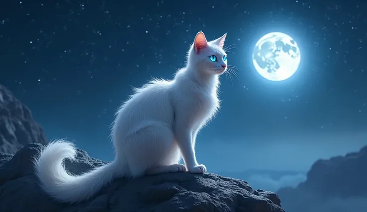 Create a highly detailed image of an elegant and graceful supernatural moon cat. The cat should have long, flowing silver fur that shimmers softly in the moonlight, giving it an ethereal appearance. Its eyes should be a striking, shiny blue, reflecting the...