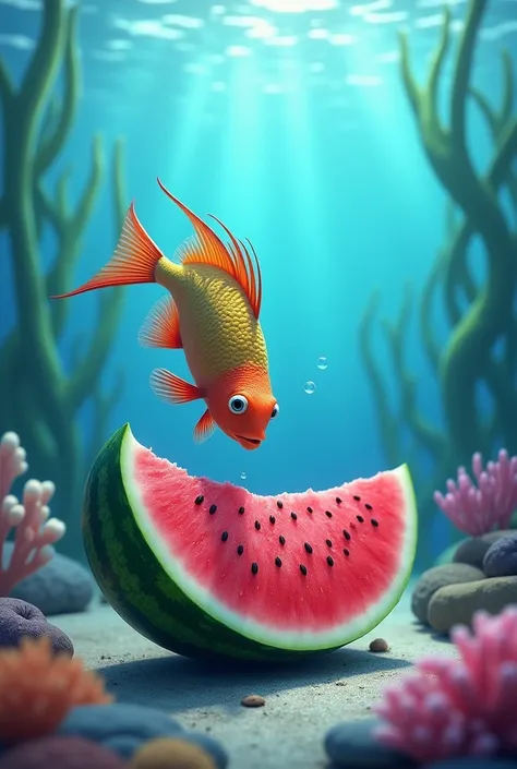 Fish eating watermelon under the water