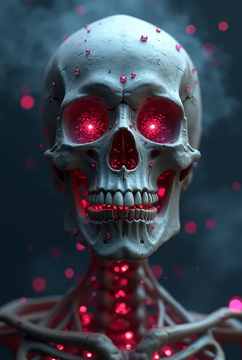 A hyperrealistic skeleton skull with embedded rare stones like ruby and sapphire, encased by a thoracic cage of obsidian with a smoky aura. 8k resolution, Octane render.
