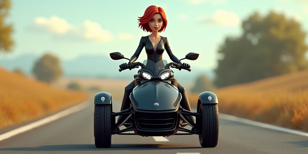  Create a hyper-realistic 3D cartoon image of a woman with short red hair,  sitting on a Spyder motorcycle , dressed in black leather , on an asphalt road in the countryside . Full view of the Spyder.
