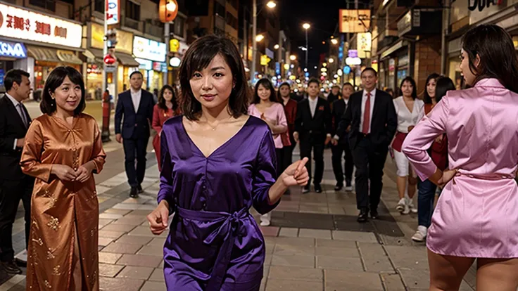 sexy chinese new year girl in purple silk china dress, 55 years old, bustling street, New Year 2024