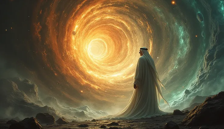 A primordial void scene with Chaos as a swirling mix of dark and glowing energies. Emerging figures include Gaia, symbolized as a fertile planet, Tartarus as a flaming chasm, Eros as a radiant being of light, and lonely handsome arab old man with white hai...