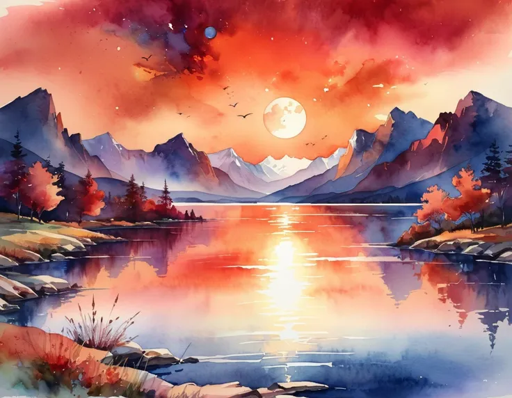 Highest quality, high resolution, best composition, nature, landscape of the sunset sinking behind the mountain ridge and lake, watercolor landscape, large sunset, moon landscape, background moon, intense watercolor, sun in the sky, magnificent red-orange ...