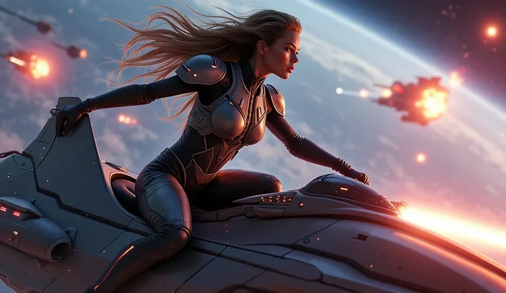 A stunningly beautiful woman soldier, exuding strength and elegance, riding a sleek, advanced spaceship in the midst of a galactic war. She wears a futuristic, form-fitting combat suit with intricate armor plates, glowing with neon accents that enhance her...