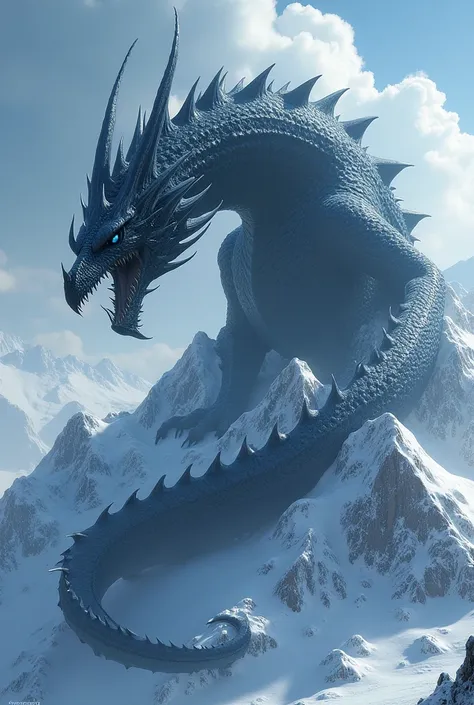 A massive black dragon with ice blue eyes and large horns on its head and body with an axe like tail wrapped around a snow capped mountain 