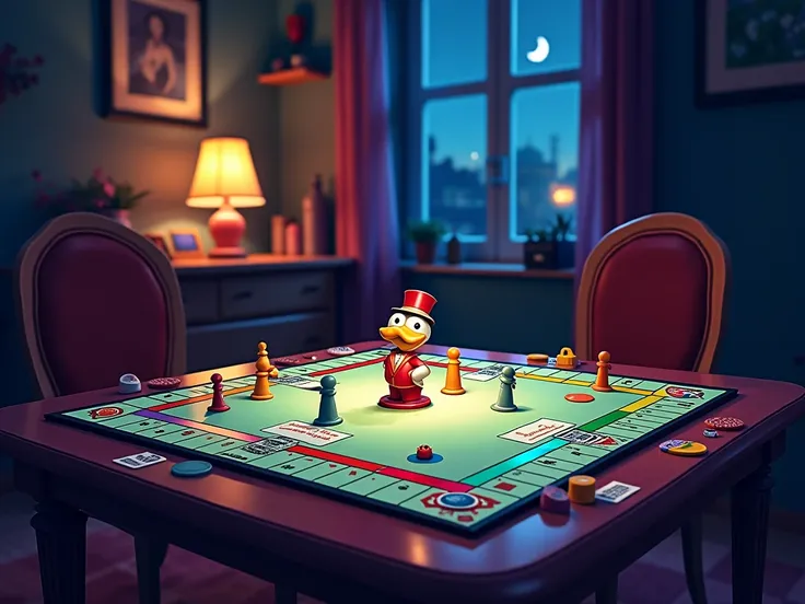  colorful cartoon of a table with the game Monopoly. night. It is in a room . without people, no animals,  without characters. Room without plants 