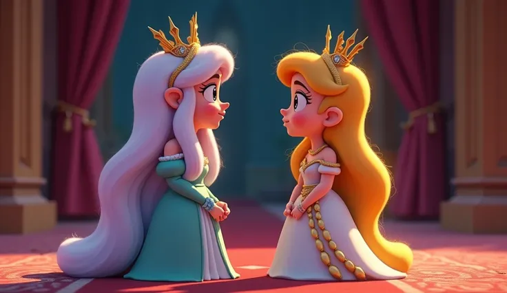  image for a cartoon story of Disney-style YouTube videos, in Pixar format :  Meeting with Queen Celestine :  1.  Queen Celestine ,   tall and handsome fairy in a long dress,   jeweled ,   gets angry at first ,  but then softens ,  seeing her happiness .