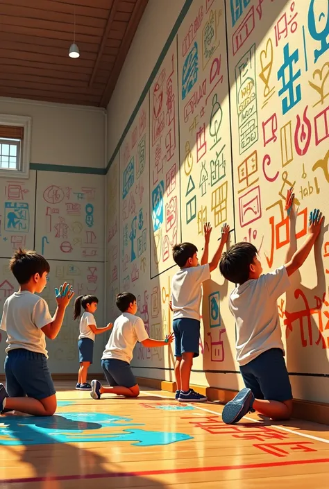  create an image for me in which there are ren from a school in the school gymnasium,  painting the walls with their hands with Egyptian hieroglyphics , Let all the walls be painted with that 