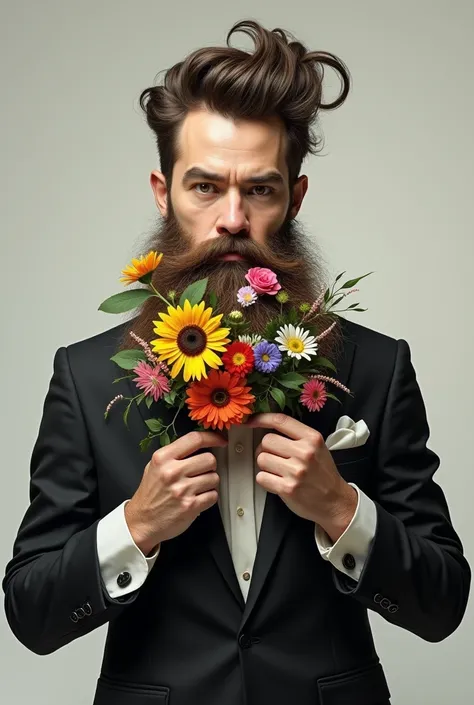 A man  holding his flower beard and have a  hair with a suit.