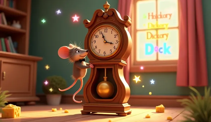 A whimsical, Pixar-style 3D animation of a tall, antique clock standing in the middle of a cozy, brightly-lit room. A cheerful little mouse wearing a tiny bowtie is halfway up the clock, looking mischievously over his shoulder. The clock face shows the tim...