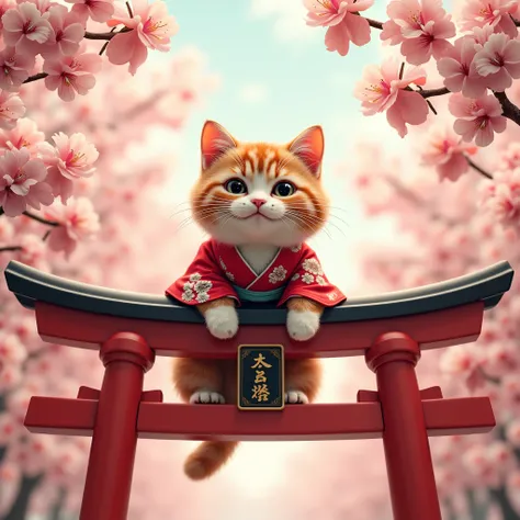 A playful cat wearing a kimono and lounging on a red torii gate with cherry blossoms in the background. The text “Kawaii Retro” is written in a bold retro font in both English and Japanese.