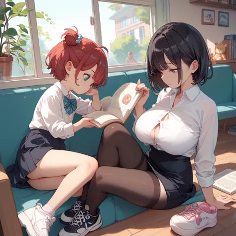 Mother and daughter, at school, are studying, small toddler loli. Short black hair. white shirt. black skirt. white sneakers, mature woman. long red hair. giant breasts. unbuttoned white shirt. black tight skirt. black stockings. black shoes