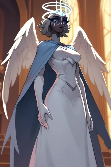 SeraHHXL, dark skin, colored skin, grey sclera, colored sclera, halo, glowing halo, angel wings, breasts, (solo), standing, blue cape, gloves, long skirt, dark blue long gloves, Masked Lute, looking at viewer, indoors