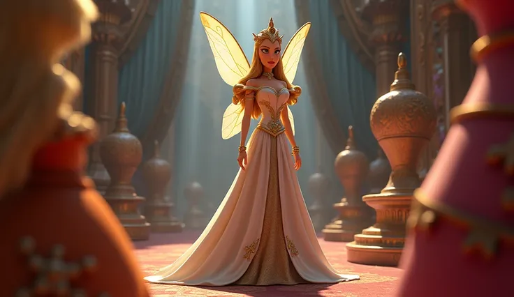  image for a cartoon story of Disney-style YouTube videos, in Pixar format :  Meeting with Queen Celestine :  1.  Queen Celestine ,   tall and handsome fairy in a long dress,   jeweled , is angry 