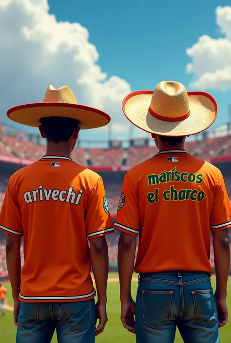 Two people with hats on their heads looking forward. With orange baseball jerseys... One that says  "Arivechi " and another " Mariscos El Charco "
 That they are in a stadium background and in the background a SINALOAN music stage.