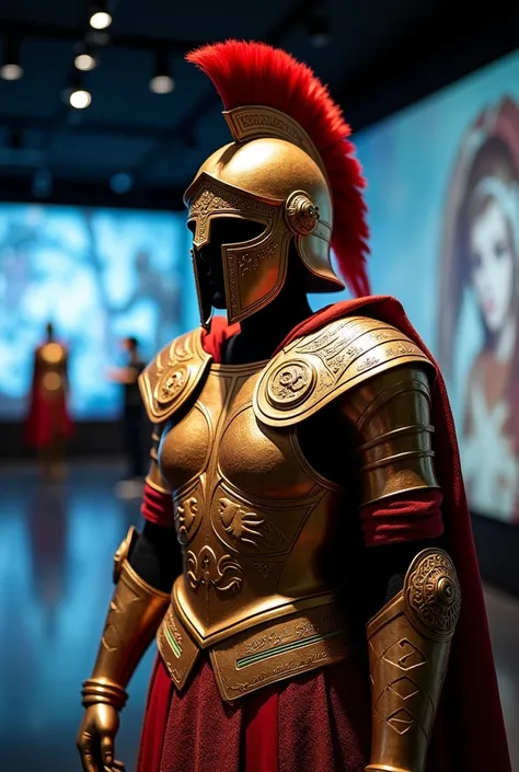 In a museum dedicated to ancient civilizations, a striking exhibit displays beautifully crafted Greek armor, reminiscent of a scene straight out of a Yu-Gi-Oh manga. The armor gleams under the soft, ambient lighting, showcasing intricate designs that blend...