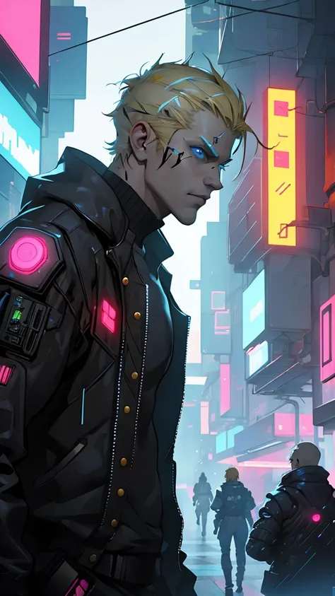 man,  Cyberpunk, senator , blond,  blue eyes ,  short hair,  faction leader , neon