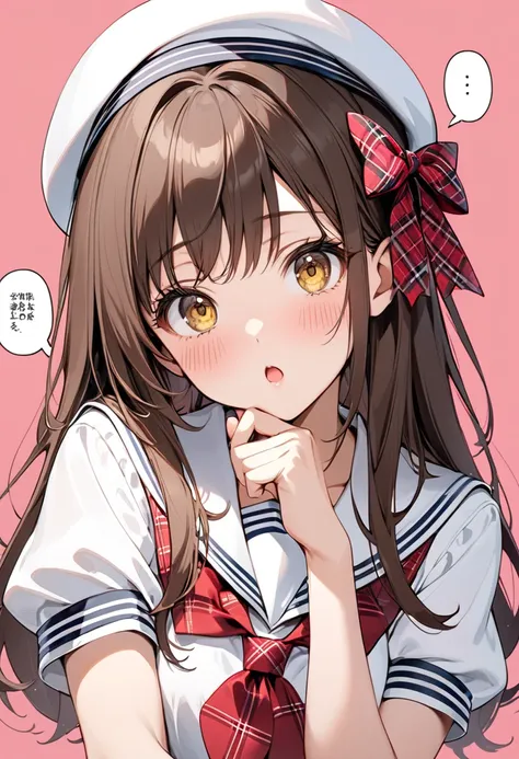 1girl, brown hair, long hair, blush, yellow eyes, :o, brown eyes, hand on own chin, sailor collar, thinking, hat, school uniform, short sleeves, puffy sleeves, puffy short sleeves, bowtie, beret, plaid, green hat, necktie, serafuku, white hat, looking at v...