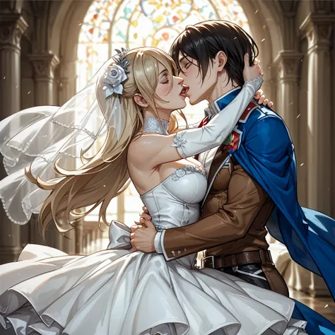 (( best quality)), ((masterpiece)), ( Details), （ perfect face）、 Jean Kirstein and Mikasa Ackerman who hug each other, have a vow kiss, have seeding sex, and love each other、The dark-haired Mikasa Ackerman is wearing a gorgeous pure white bridal dress 