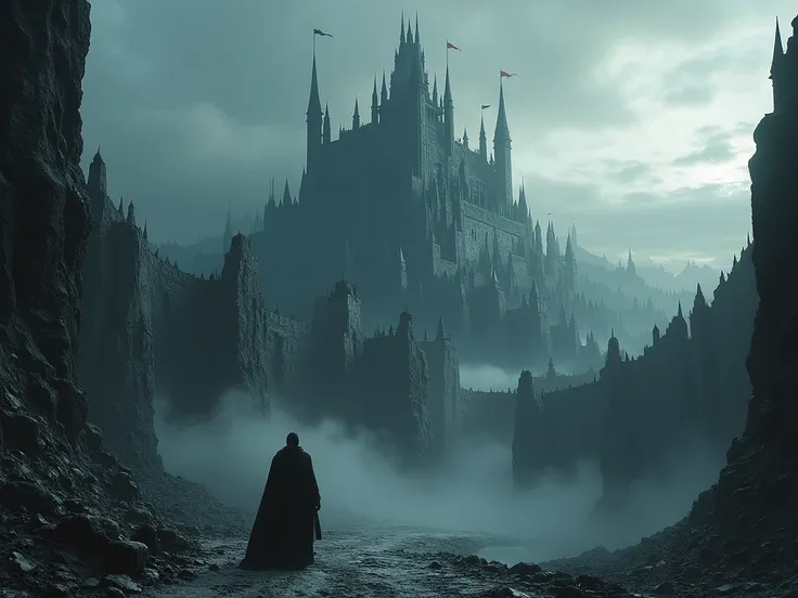 , the oldest and largest of the Drukai cities ,  and probably , , the most ominous place in the world .  Its black walls rise hundreds of meters .  There are hundreds of spiked towers ,  rising high into the sky . } On them The banners of the Wizard King a...