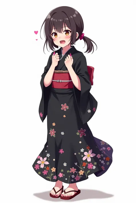 Anime adolescent woman with black yukata with flowers and getas and with pink and fur nails on her front, full body, white background with her fists on her chest and with emotions of worry, fear, sadness, and with tears and open her mouth and a feeling of ...