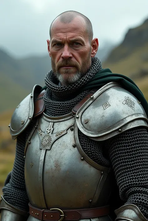 Bald ugly young Arthurian knight in chainmail armor
