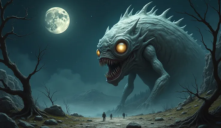 Create a highly detailed and realistic image of a Lovecraftian Moon-beast, embodying the eerie and otherworldly qualities typical of H.P. Lovecrafts cosmic horror. The creature should have an amorphous, grotesque form, with a surface that appears to shimme...