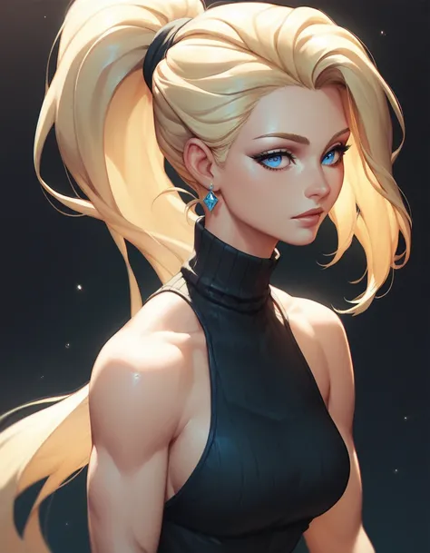 female black sleeveless tutleneck, bare shoulders, racerback, bare toned arms, beautiful faces, blonde ponytail with showing forehead, long ponytail, black earrings, soft smooth skin, pale skin, black background, blue eyes, sci-fi