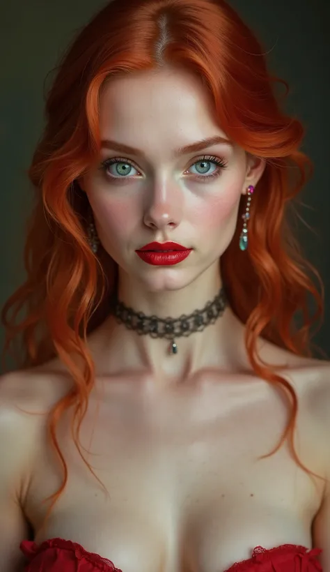 A realistic portrait of a young woman with striking red hair cascading down her shoulders. She gazes directly at the viewer with captivating blue eyes, accentuated by subtle yet elegant makeup. Her lips are painted a bold red, matching the lipstick that hi...