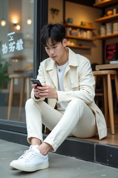  arafed man sitting on the ground using mobile phone,  wearing white sneakers ,  wearing casual clothes ,  mid shot portrait ,  south korean man ,  wearing casual clothes ,  inspired by jeonseok lee , ulzzang man ,  casual clothing style ,  standing in res...