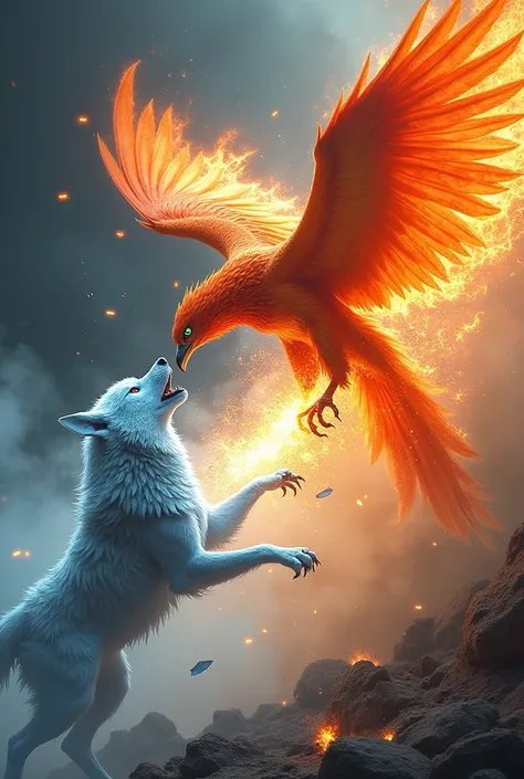 In an upper corner, a Phoenix shooting fire toward the opposite lower corner, where a wolf throws ice., Fire and ice collide in the center