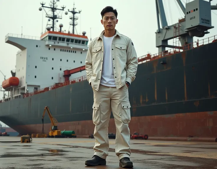  a handsome Korean man wearing a white jacket and t-shirt ,wearing long cargo pants and safety shoes standing right on Pertamina oil tanker ship on docking shipyard, which look real and realistic  ,8K HD quality photos 