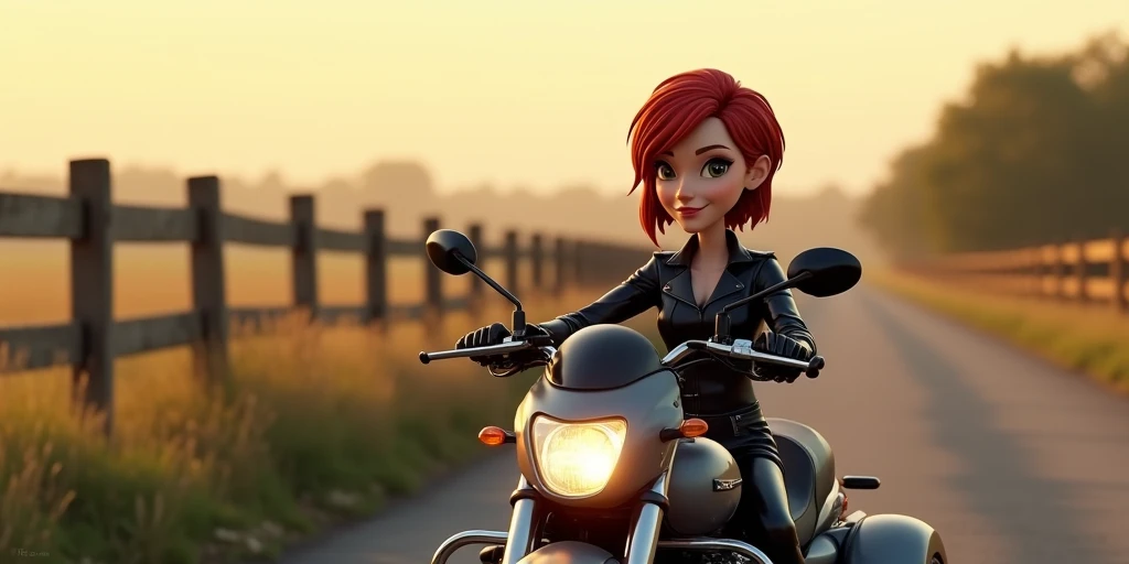 Create a hyper-realistic 3D cartoon image of a woman with short red hair, sitting on a Spyder motorcycle , dressed in black leather, view from the front, face well lit , on an asphalt road in the countryside . Full view of the Spyder, in the morning. A woo...