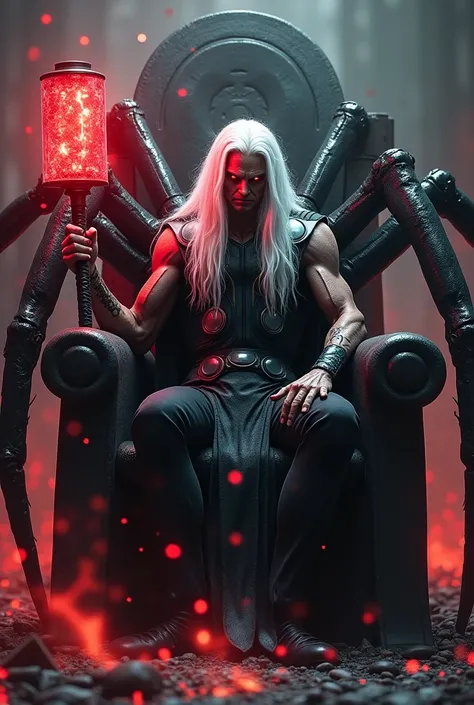 Marvel Thor, white long hair, Red eyes, in their back eight spider legs, with dark throne and red thunder hammer 4k realistic, scary image 