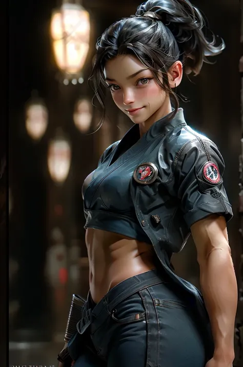 
8k,younger sister,so beautiful(Like the real thing),Tightened, Muscular body,sexy,clear narrow eyes,black eye,Cool smile,Blue combat jacket,Black Shirt,Black combat pants,short,Compensate,Ultra-Realistic Skin,Compensate,masterpiece,Photorealistic RAW phot...