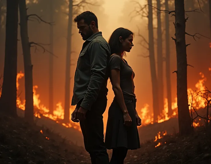 tall man and short woman standing back to back in a burning forest