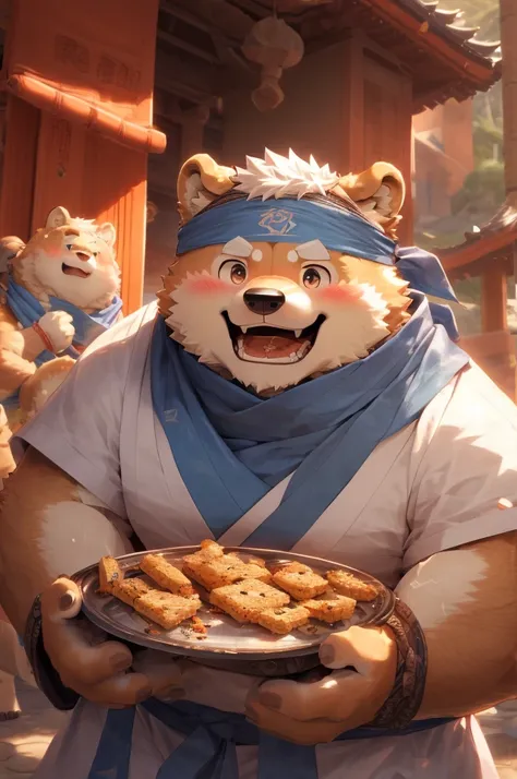 (masterpiece)，(Very detailed)，(best quality)，hairy，Shiba Inu，fur，white hair，Gray pupil，(Japan samurai attire)，((blue scarf))，((Brown Headband))，(((eat snack)))，(blush:1.1)，happy，((Lovely expression))，Temple Background，8k，(high quality)，(Ultra HD)，(Super de...