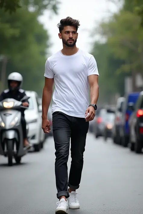  Real 4k photo of a young man dressed in a white t-shirt  , black jeans,Clock, White tennis , Walking on the street of vehicles 