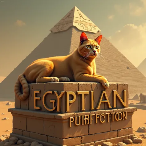 A majestic cat reclining atop the Great Pyramid of Giza, surrounded by warm desert tones and hieroglyph-inspired patterns. The text “Egyptian Purrfection” is displayed in a bold, retro typeface.