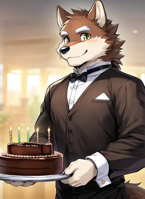 male, furry, 1boy, young wolf, handsome, white eyebrows, waiter, serving a chocolate cake  BREAK high res, best quality, 8k, fancy, clear detail