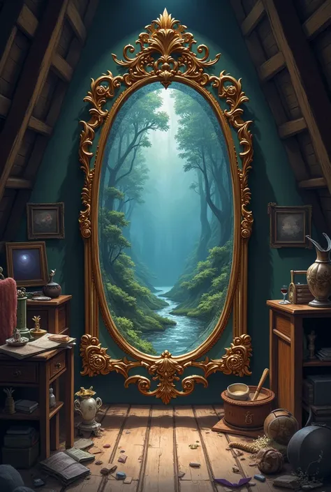  Create a cover for my book that is called on the other side of the mirror.  Medium mirror the size of a door,  it is a portal to another world . It is in the attic . May there be a world reflected in the reflection