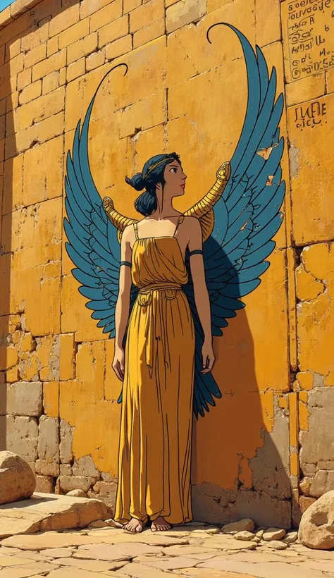 masterpiece、 Egyptian mural style 、 the silhouette of an owl is simple and powerful 、 is wearing a golden dress 。 she stands upright 、 she stands in an elegant posture 、 her gaze looks up at the sky 。 The silhouette of an owl is drawn on the background 、 w...