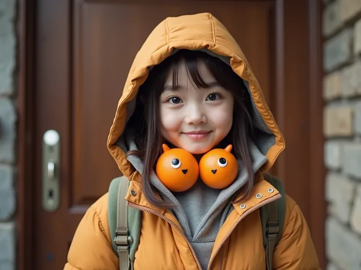 A cute-looking Korean girl in her 20s is wearing a hoodie and a padded jumper on the front door of her house. The girls hoodie has a hat, and there are tangerines inside the hat. Tangerines have eyes, nose, and mouth, and they have a round and cute appeara...