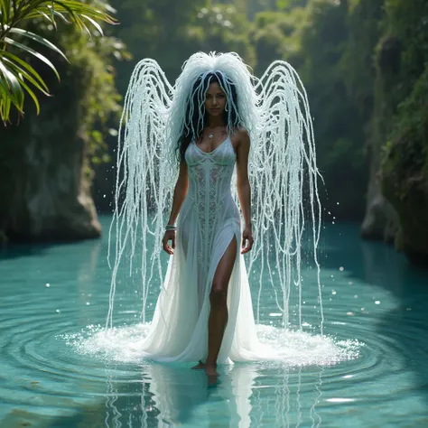 An ancient nigerian female water spirit. 
Long Hair, that is composed of water cascading down her back in into a pool of water she stands in.
Dressed in a long flowing ornate white cloth 