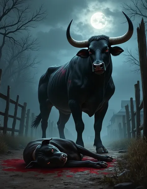 A ferocious black bull towers victoriously in a dark, misty farmyard, its muscular frame radiating raw, unrelenting power. The bulls deep, inky black fur glistens with streaks of blood under the faint glow of moonlight, emphasizing its dominance. Its sharp...