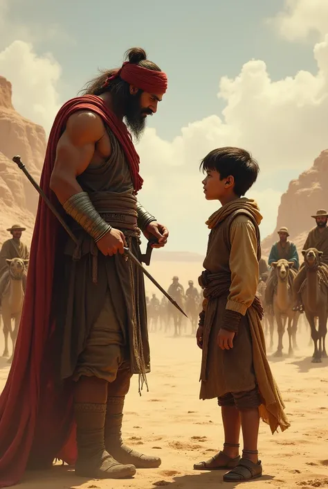 The bandit leader, a stern and rugged man holding a weapon, stands face-to-face with the boy. The leader leans slightly forward, questioning the boy with an intense gaze. The boy, standing firm, looks up at him confidently. The desert backdrop is filled wi...