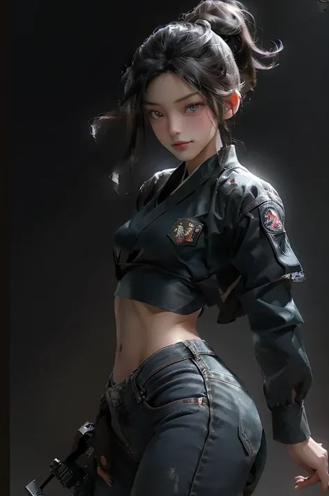 8k,younger sister,so beautiful(Like the real thing),Tightened, Muscular body,sexy,clear narrow eyes,black eye,Cool smile,Blue combat jacket,Black Shirt,Black combat pants,short,Compensate,Ultra-Realistic Skin,Compensate,masterpiece,Photorealistic RAW photo...