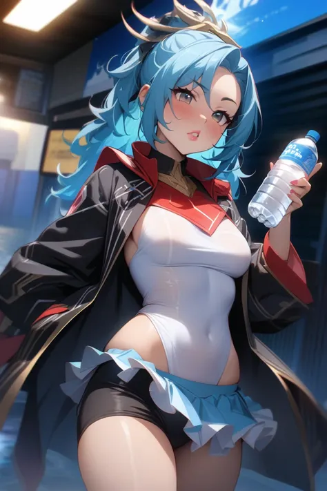 Aquarius, water bottle,The personification of a 、 1 girl ,Brave face,Asian,  Extremely Aesthetic, 超高解像度 1 girl 、Mysterious Outfit 、 Puffy Lips 、High exposure、masterpiece、 best quality、 uncensored