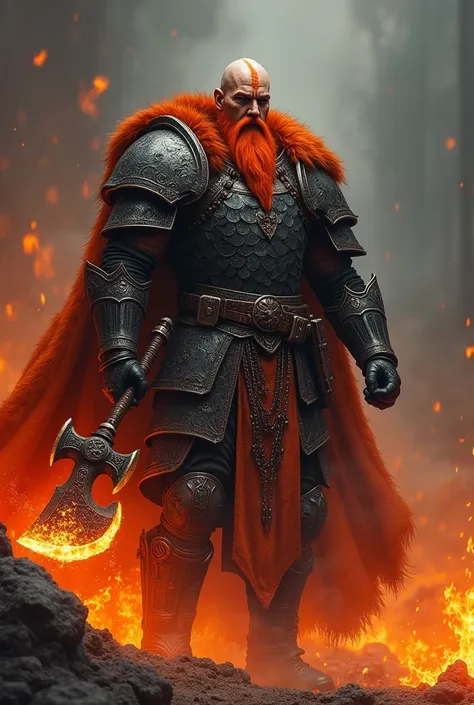 Meet this imposing magic character design male, a towering warrior clad in dark, heavily plated armor amidst a battlefield consumed by flames. His bald head marked with a glowing orange scar and a thick fiery-red beard reflect his connection to the surroun...